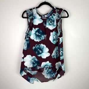 Simply Vera Wang XS Sleeveless Floral Blouse Maroon Teal High Low Sheer Top